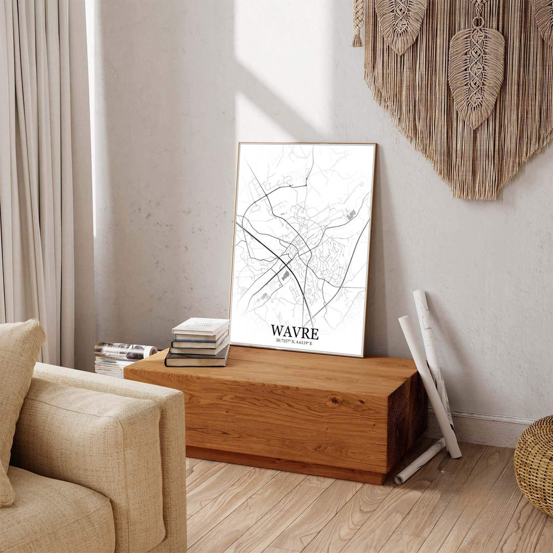 Monochrome wall art print featuring the detailed street map and geographic contours of Wavre, Belgium, suitable for modern home interiors. Offered by MapYourDreams, this artwork is available in flexible options including unframed paper, custom wooden frames, and gallery canvas wraps.