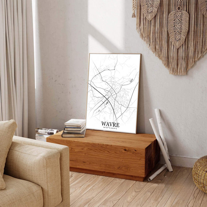 Monochrome wall art print featuring the detailed street map and geographic contours of Wavre, Belgium, suitable for modern home interiors. Offered by MapYourDreams, this artwork is available in flexible options including unframed paper, custom wooden frames, and gallery canvas wraps.