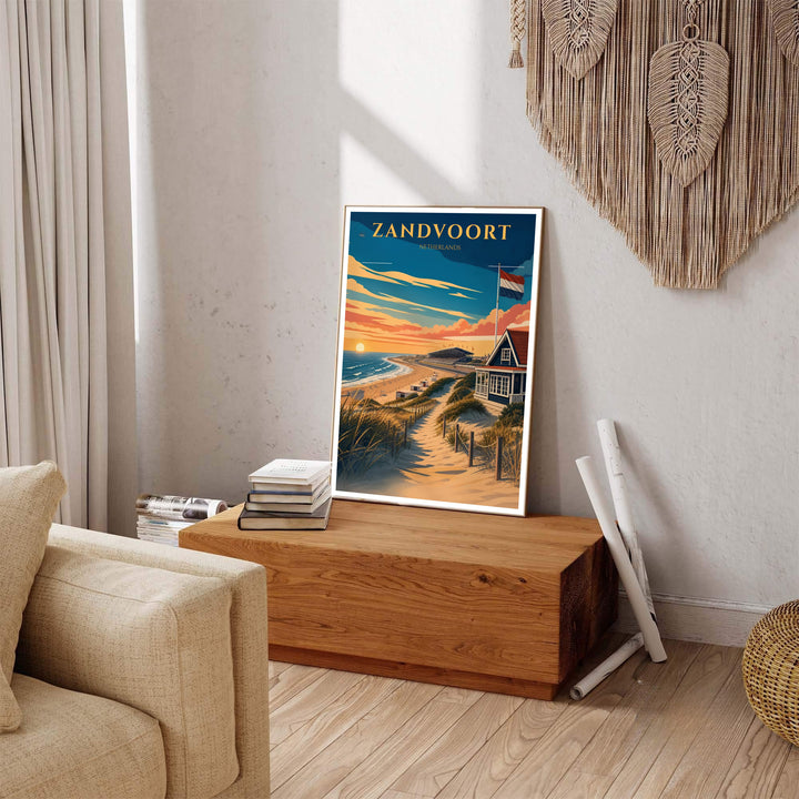 Nostalgic seaside print of Zandvoort Netherlands rendered in rich sunset gradients and crisp vector linework, produced by MapYourDreams with available product options including fine art unframed paper, stretched canvas, or custom framed decor to elevate living room gallery arrangements.