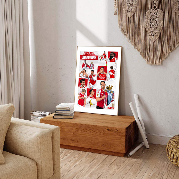 Premier League trophy lift poster print featuring Mikel Arteta and Arsenal squad at Emirates Stadium, available as unframed prints, framed options, or canvas for room setups.