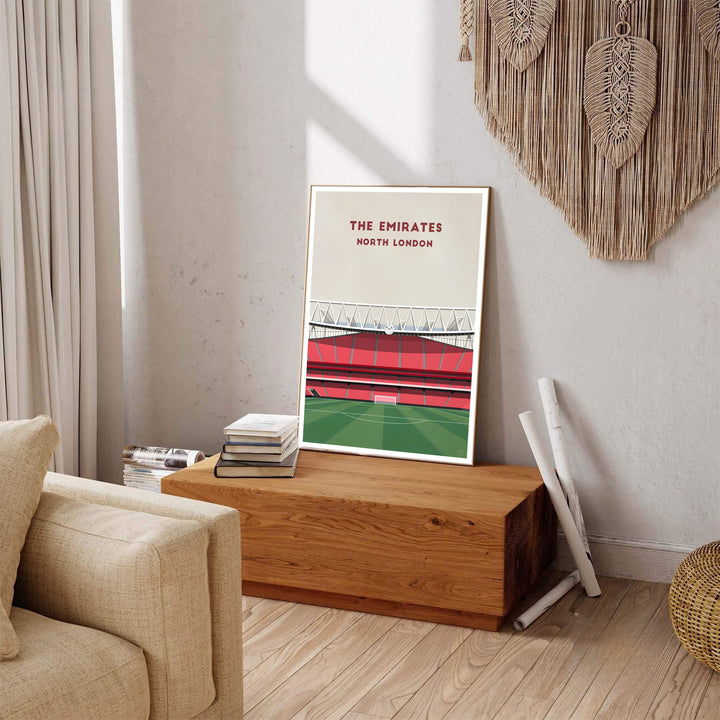 Iconic North London football stadium artwork print featuring Emirates Stadium interior structure, available as unframed prints, framed options, or canvas for custom framed layouts.