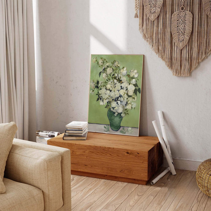 French Post-Impressionist botanical print of Vincent van Gogh Roses 1890 featuring full white roses in Saint-Remy-de-Provence France. Explore ready-to-hang framed wall art, unframed paper prints, and gallery canvas decor available directly from the MapYourDreams store.