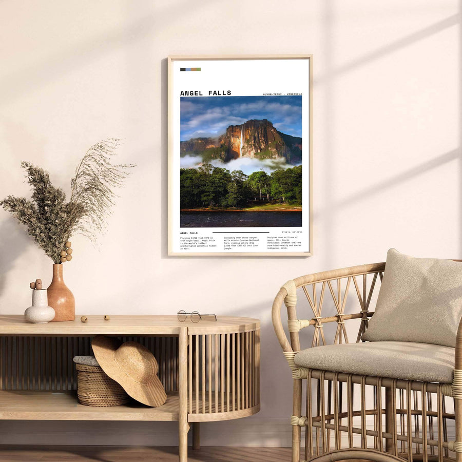 Contemporary photography poster capturing the awe-inspiring landscape of Angel Falls for modern minimalist interiors. A fine offering from MapYourDreams, choose between flexible product formats like borderless paper, custom wooden frames, or canvas wraps.