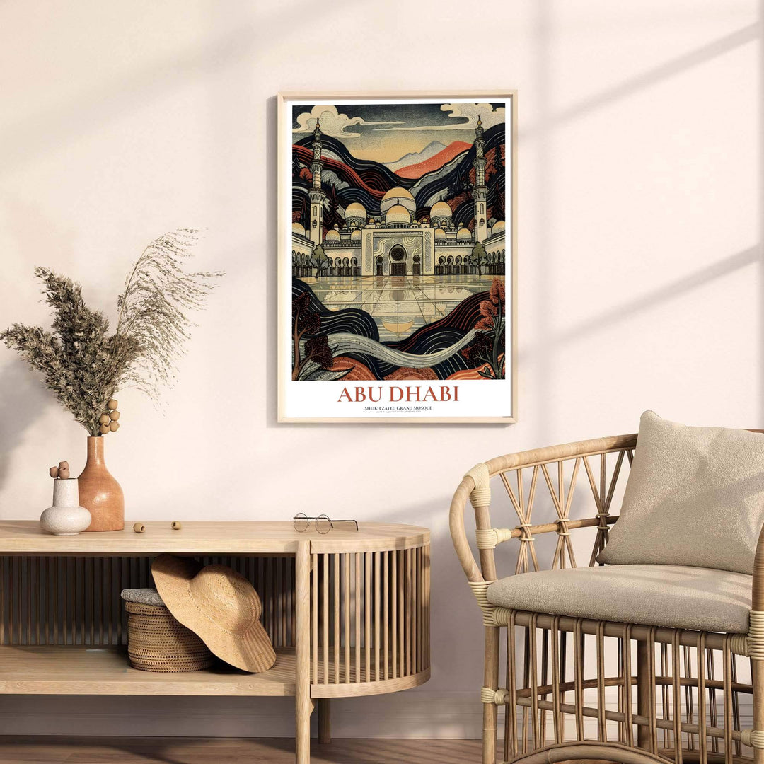 Stylized Japanese woodcut print of Abu Dhabi&