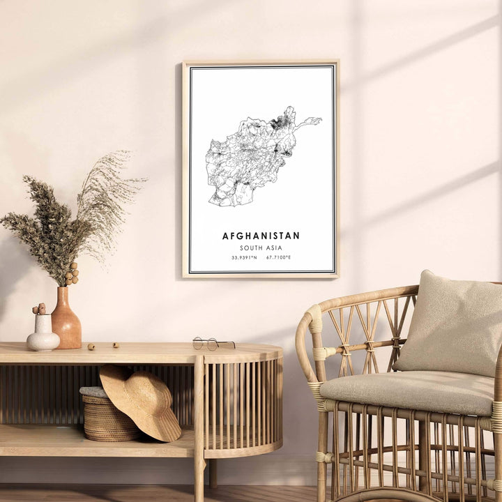 Minimalist cartographic poster of Afghanistan displaying intricate road patterns inside the geographic border, presented by MapYourDreams as an unframed paper print, gallery canvas wall decor, or custom framed wall art in grey, gold, and black frames for contemporary rooms.