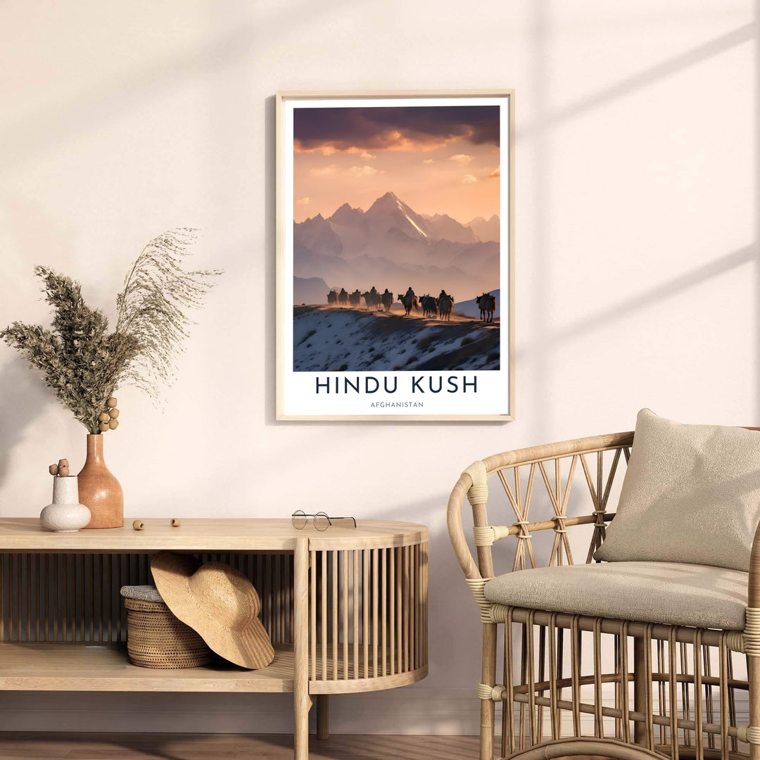 Fine photography print of the Hindu Kush mountains in Afghanistan featuring dramatic sunset clouds over jagged peaks, available from MapYourDreams as an unframed art print, stretched canvas wall art, or custom framed poster in natural wood moulding for modern wall decor.