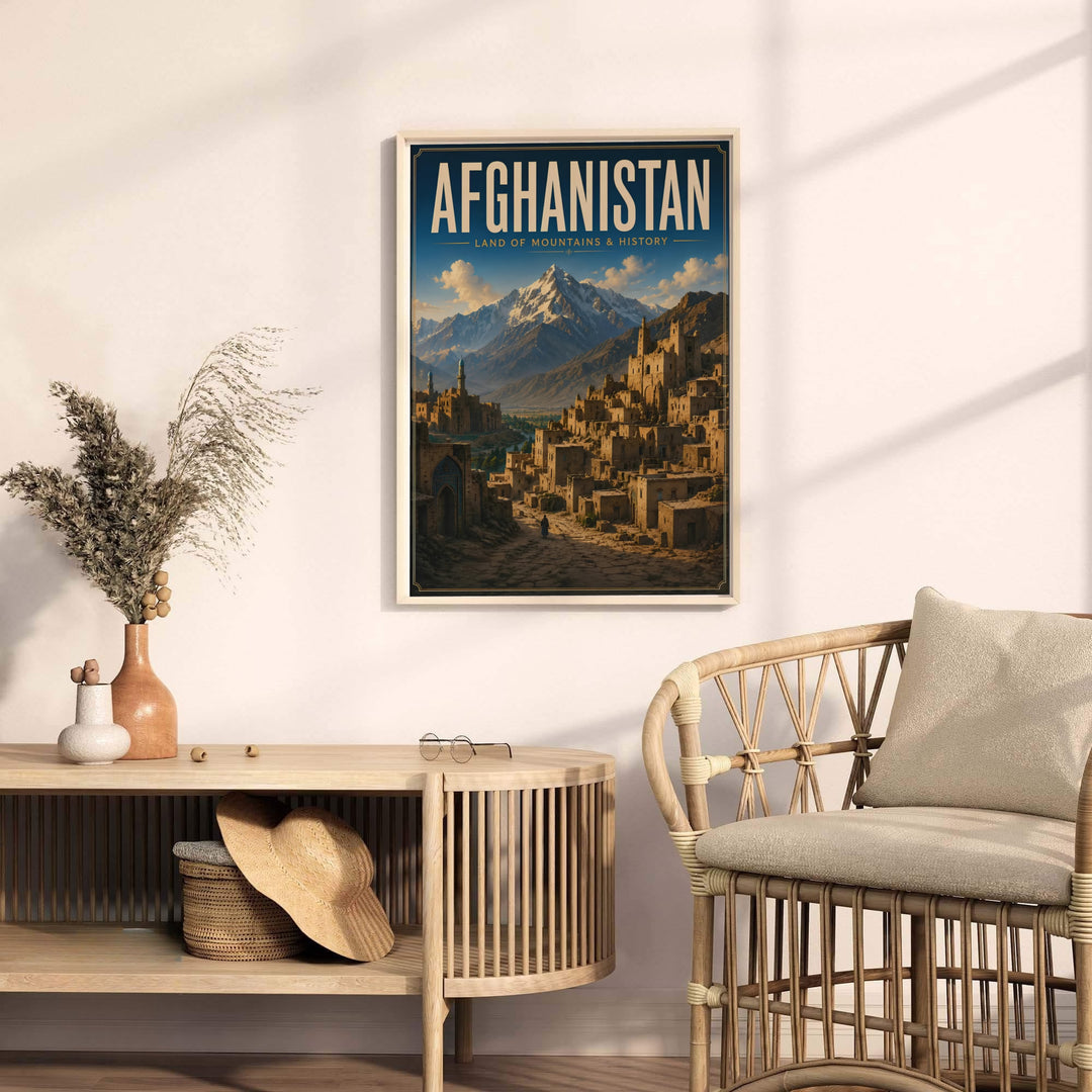 Fine art vintage print of an ancient mud brick village in Afghanistan set against majestic snow covered mountains, available from MapYourDreams as an unframed art print, stretched canvas wall art, or custom framed poster in natural wood moulding for home decor.