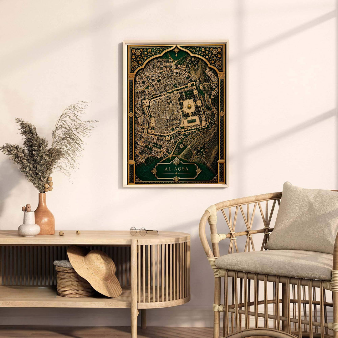 Elegant Islamic map art of Al Aqsa Compound and Jerusalem Old City surrounded by gold arabesque filigree. Offered by MapYourDreams, this artwork is available in flexible options including unframed paper, custom wooden frames, and gallery canvas wraps to enhance any room.