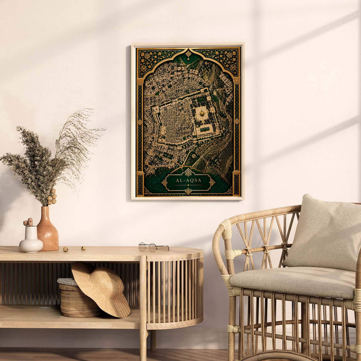 Elegant Islamic map art of Al Aqsa Compound and Jerusalem Old City surrounded by gold arabesque filigree. Offered by MapYourDreams, this artwork is available in flexible options including unframed paper, custom wooden frames, and gallery canvas wraps to enhance any room.
