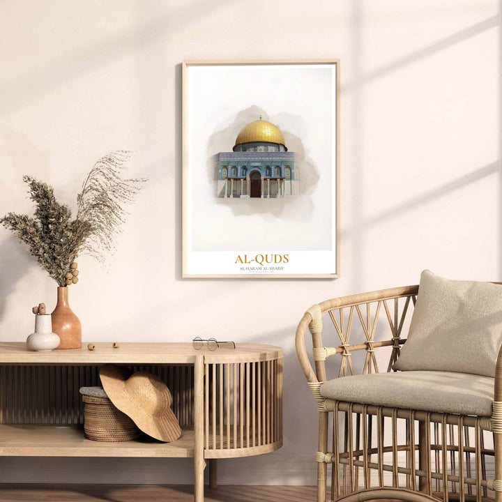 Watercolor art poster of Al Aqsa Dome of the Rock sanctuary in Jerusalem featuring elegant golden dome highlights. Released by MapYourDreams, this artwork is available in flexible options including unframed paper, custom wooden frames, and gallery canvas wraps for home wall art.