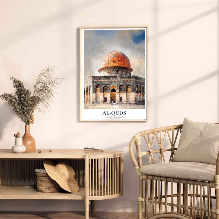 Jerusalem Palestine travel print showing the glowing Dome of the Rock in an expressive watercolor wash technique. Handcrafted by MapYourDreams, this artwork is available in flexible options including unframed paper, custom wooden frames, and gallery canvas wraps for art gallery walls.