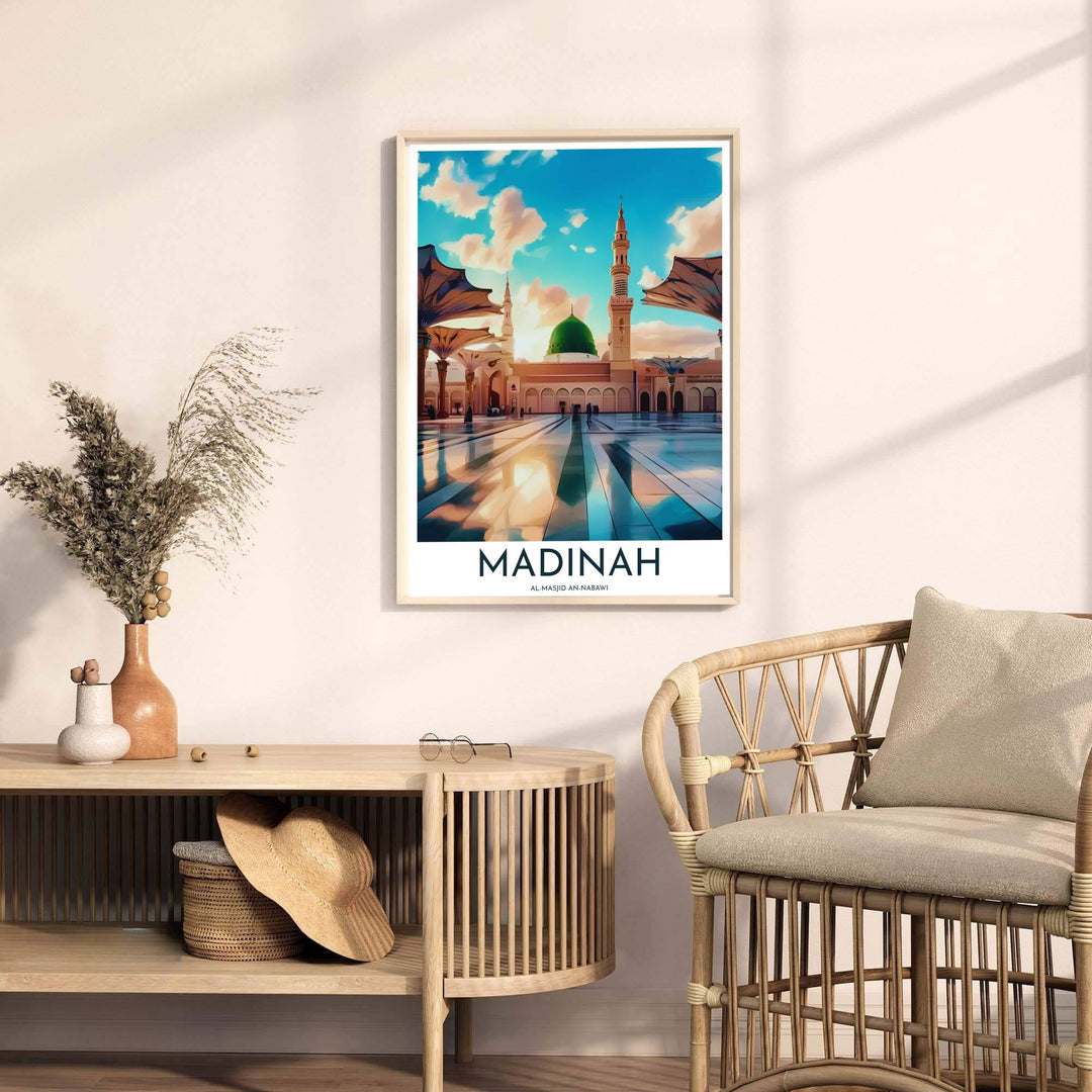 Fine art print of Al Masjid An Nabawi in Madinah capturing the peaceful sunset atmosphere of the holy sanctuary. Released by MapYourDreams, this artwork is available in flexible options including unframed paper, custom wooden frames, and gallery canvas wraps for premium wall decor.