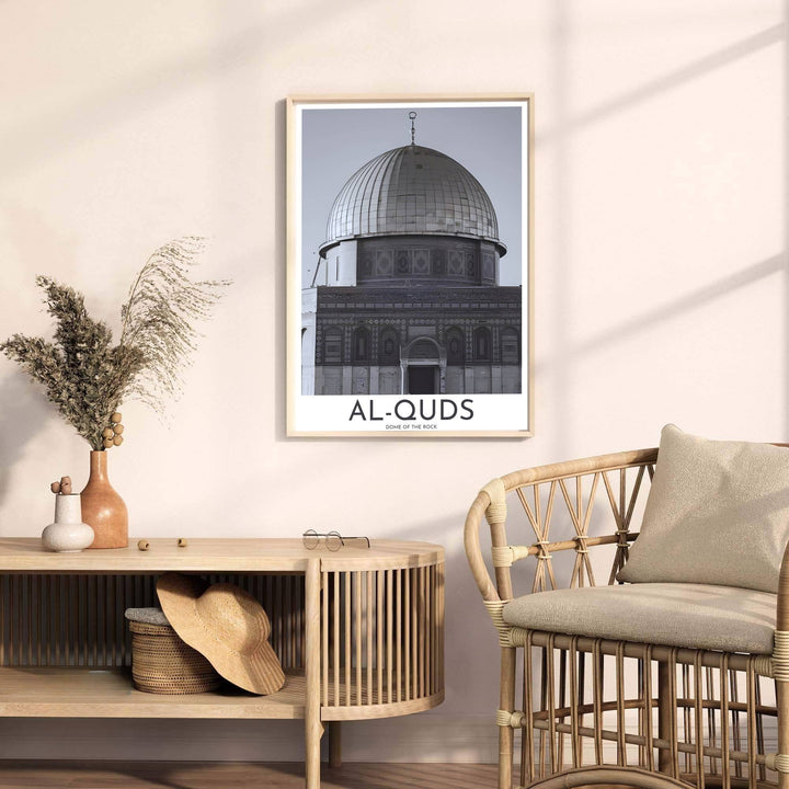 Fine art black and white poster of Al Quds Dome of the Rock sanctuary in Jerusalem featuring silver and slate tone dome highlights. Released by MapYourDreams, this artwork is available in flexible options including unframed paper, custom wooden frames, and gallery canvas wraps for home wall art.