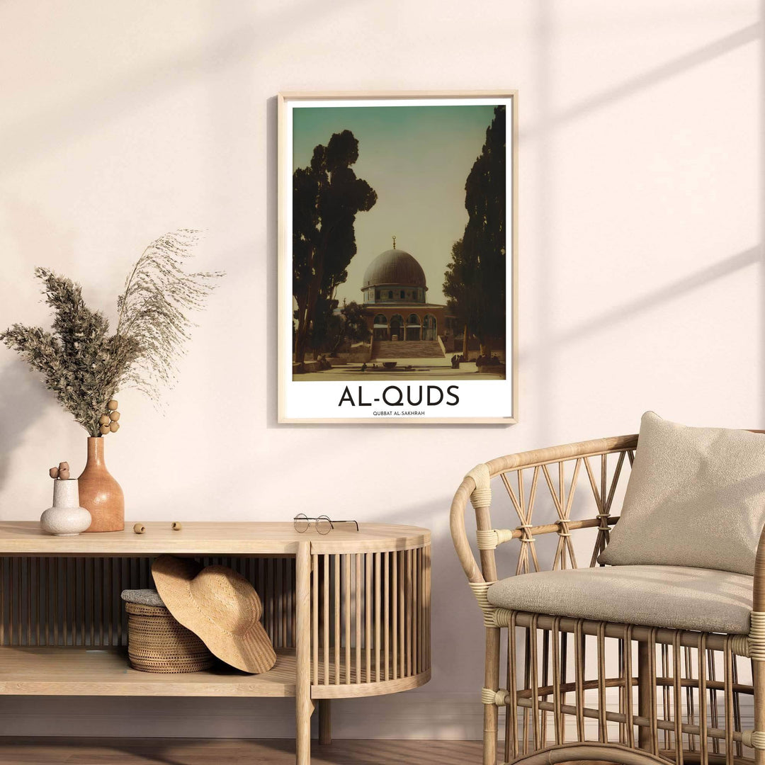 Fine art vintage poster of Al Quds Dome of the Rock sanctuary in Jerusalem featuring warm tan and olive foliage highlights. Released by MapYourDreams, this artwork is available in flexible options including unframed paper, custom wooden frames, and gallery canvas wraps for home wall art.