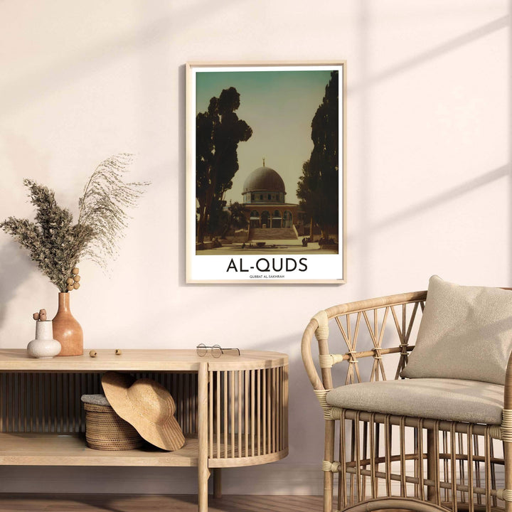 Fine art vintage poster of Al Quds Dome of the Rock sanctuary in Jerusalem featuring warm tan and olive foliage highlights. Released by MapYourDreams, this artwork is available in flexible options including unframed paper, custom wooden frames, and gallery canvas wraps for home wall art.