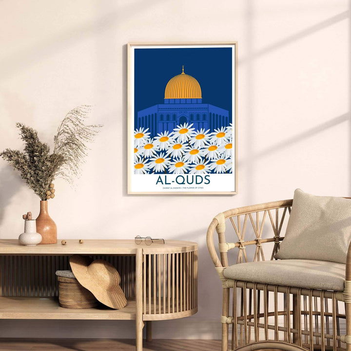 Fine art floral poster of Al Quds Dome of the Rock sanctuary in Jerusalem featuring vibrant daisy blossoms. Released by MapYourDreams, this artwork is available in flexible options including unframed paper, custom wooden frames, and gallery canvas wraps for home wall art.