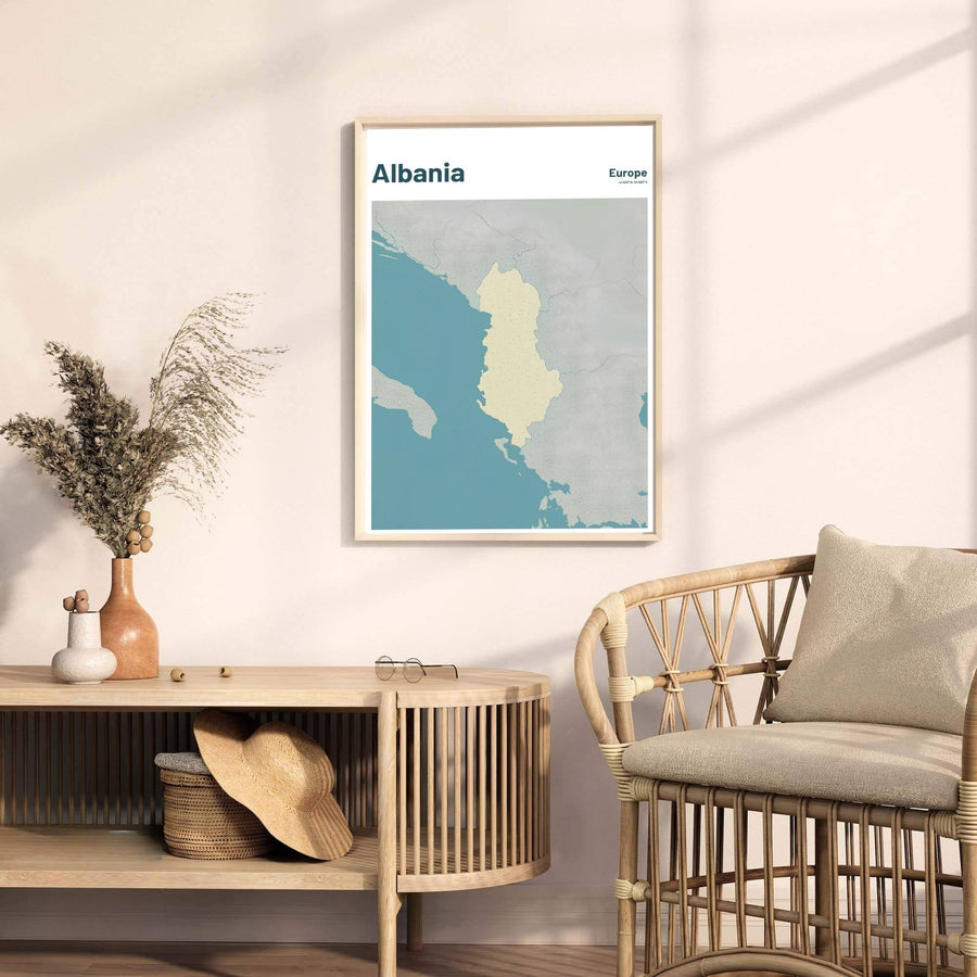 Minimalist Albania country map poster rendered in vintage teal and cream tones with clear geographic coordinates printed in the top corner. Offered by MapYourDreams, this artwork is available in flexible options including unframed paper, custom wooden frames, and gallery canvas wraps.
