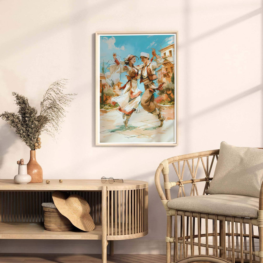 Impressionist Albanian couple poster rendered in warm golden beige and sky blue tones, capturing the rhythm and movement of traditional folk dance. Offered by MapYourDreams, this artwork is available in flexible options including unframed paper, custom wooden frames, and gallery canvas wraps.