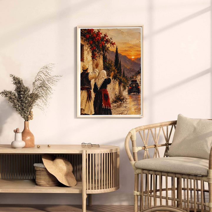 Impressionist Albanian couple poster rendered in warm amber and mountain violet tones, capturing the emotional beauty of traditional village life. Offered by MapYourDreams, this artwork is available in flexible options including unframed paper, custom wooden frames, and gallery canvas wraps.
