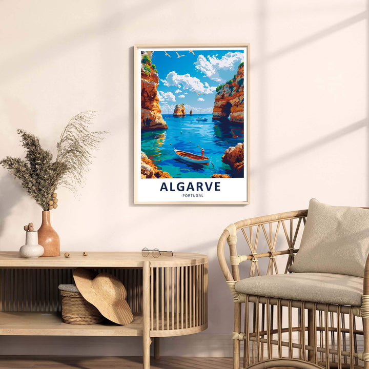 Bright Atlantic ocean horizons and dramatic sea arches star in this Portugal travel poster created for beach landscape art collectors. Order your piece rendered on stretched canvas, as an unframed poster, or framed display.