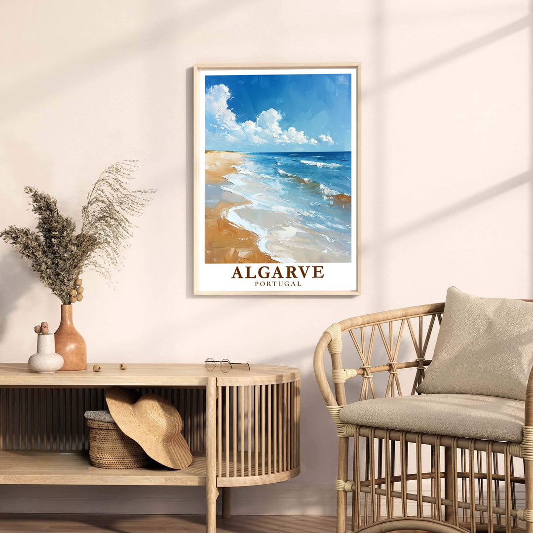 Foaming white surf rolls onto warm golden sand at Algarve Beach, Portugal in this impressionist art print. Discover ready-to-hang framed, unframed, and canvas options available at MapYourDreams for summer room decor.