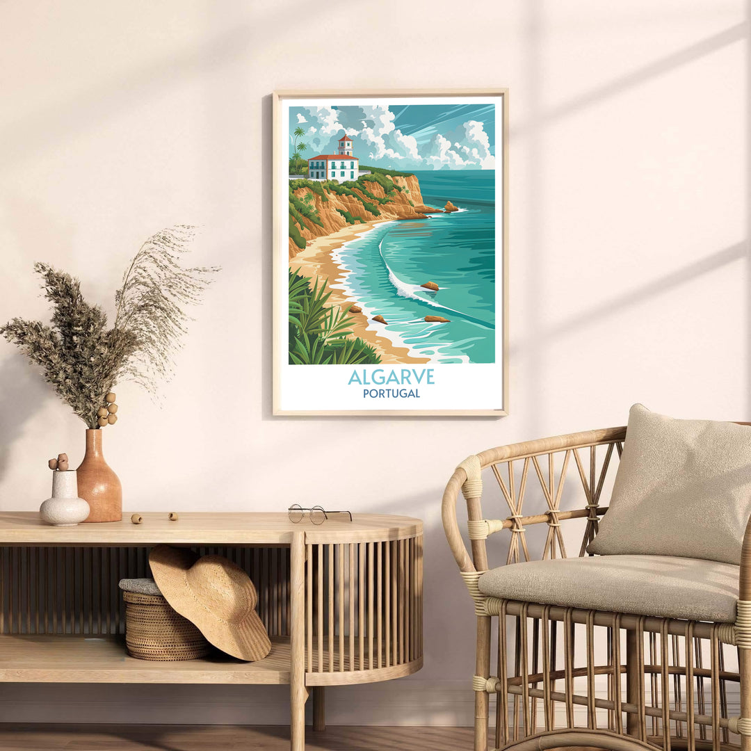 Tropical foliage in the foreground leads the eye toward clear blue waters in this Algarve beach wall art, rendered on museum-grade paper and displayed in a retro black picture frame.