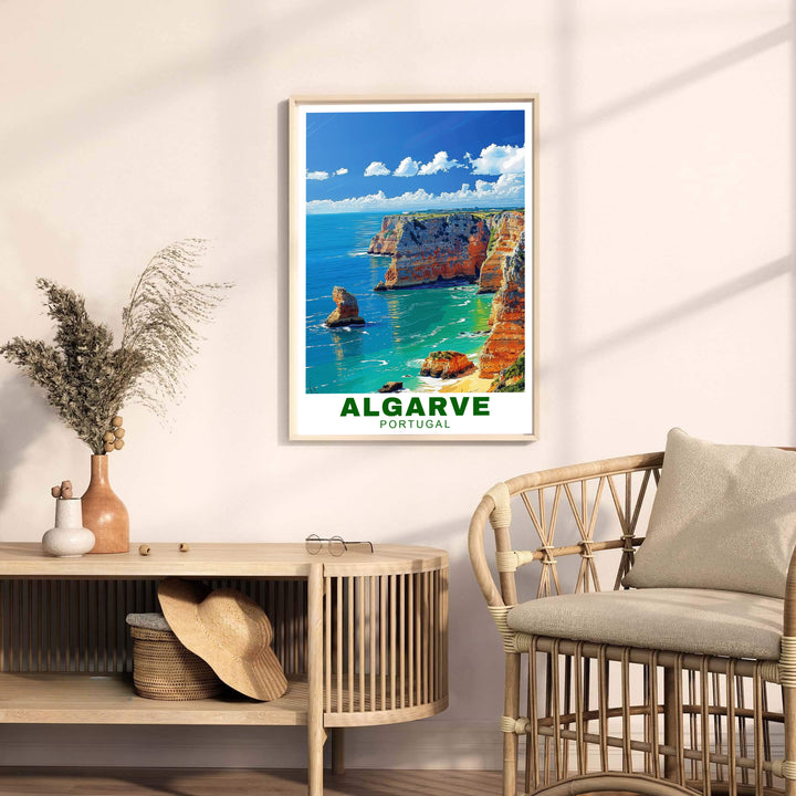 Illustrative vintage travel poster style with vibrant coastal colors shines in this Algarve Cliffs, Portugal print. MapYourDreams presents professional framed, unframed, and canvas options available for home decor.
