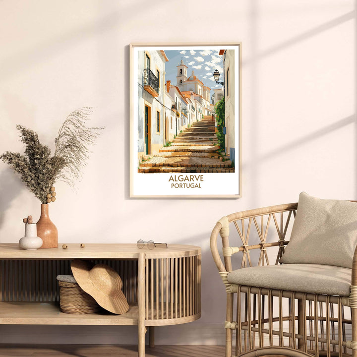 Cobblestone steps wind past charming white villas at Faro Old Town, Portugal in this art print. Discover ready-to-hang framed, unframed, and canvas options available at MapYourDreams for traditional room decor.