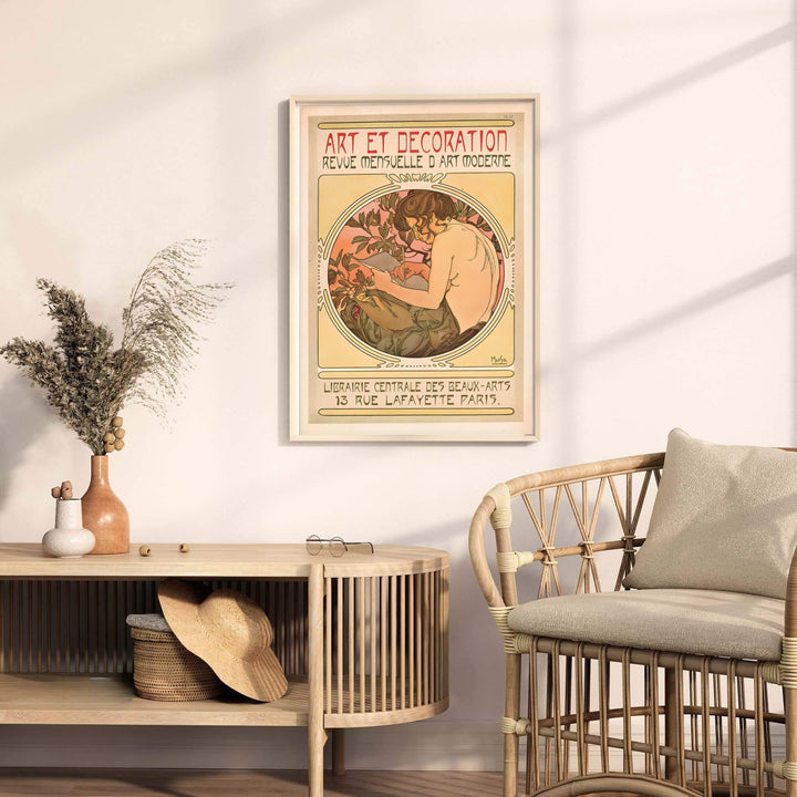 French historic illustration print Art Et Decoration with elegant figure portrait by artist Alphonse Mucha inspired by bohemian 13 Rue Lafayette Paris. MapYourDreams offers versatile framed, unframed, and canvas print wall decor formats.
