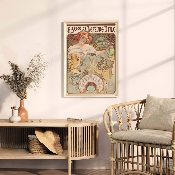 French historic travel print Biscuits Lefevre Utile with delicate ribbon accents by artist Alphonse Mucha inspired by culinary Nantes France. MapYourDreams offers versatile framed, unframed, and canvas print wall decor formats.