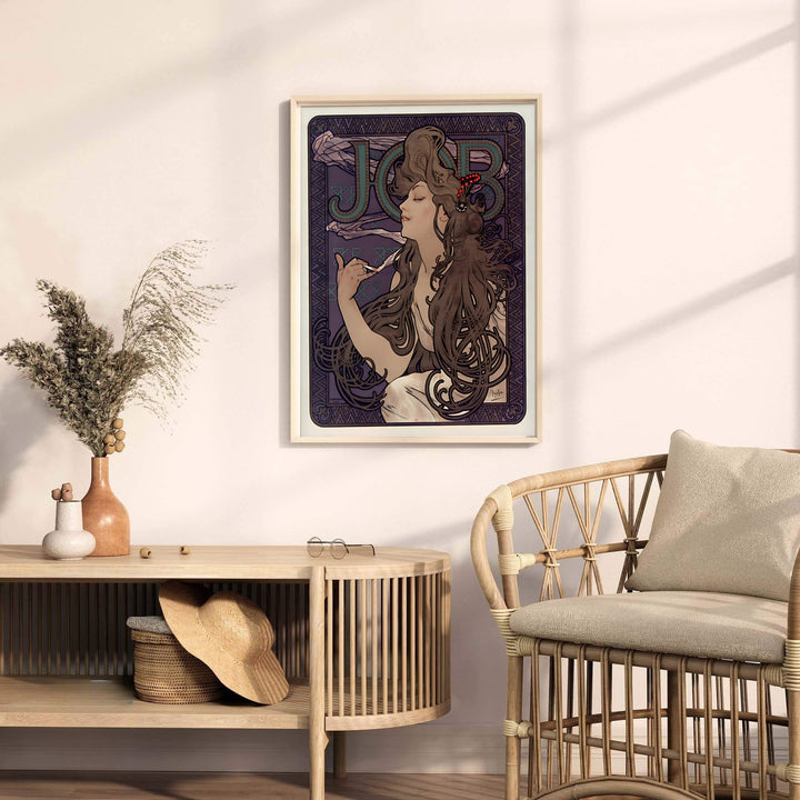 Vintage European portrait art showing JOB Cigarette Papers print by artist Alphonse Mucha inspired by vintage travel art in Paris France. Explore ready-to-hang framed, unframed paper, and gallery canvas wall decor at MapYourDreams.