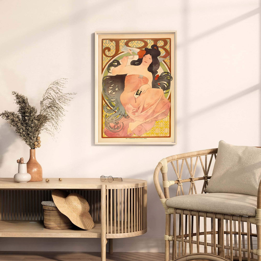 French historic travel print JOB Cigarette Papers with delicate smoke curls by artist Alphonse Mucha inspired by artistic Boulevard Saint-Michel Paris. MapYourDreams offers versatile framed, unframed, and canvas print wall decor formats.