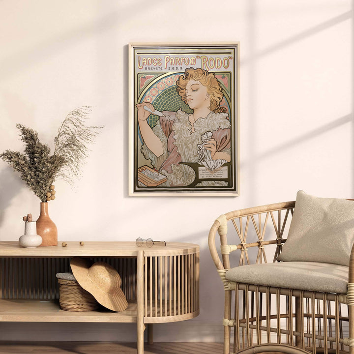French historic travel print Lance Parfum Rodo with spray mist details by artist Alphonse Mucha inspired by artistic Paris France. MapYourDreams offers versatile framed, unframed, and canvas print wall decor formats.