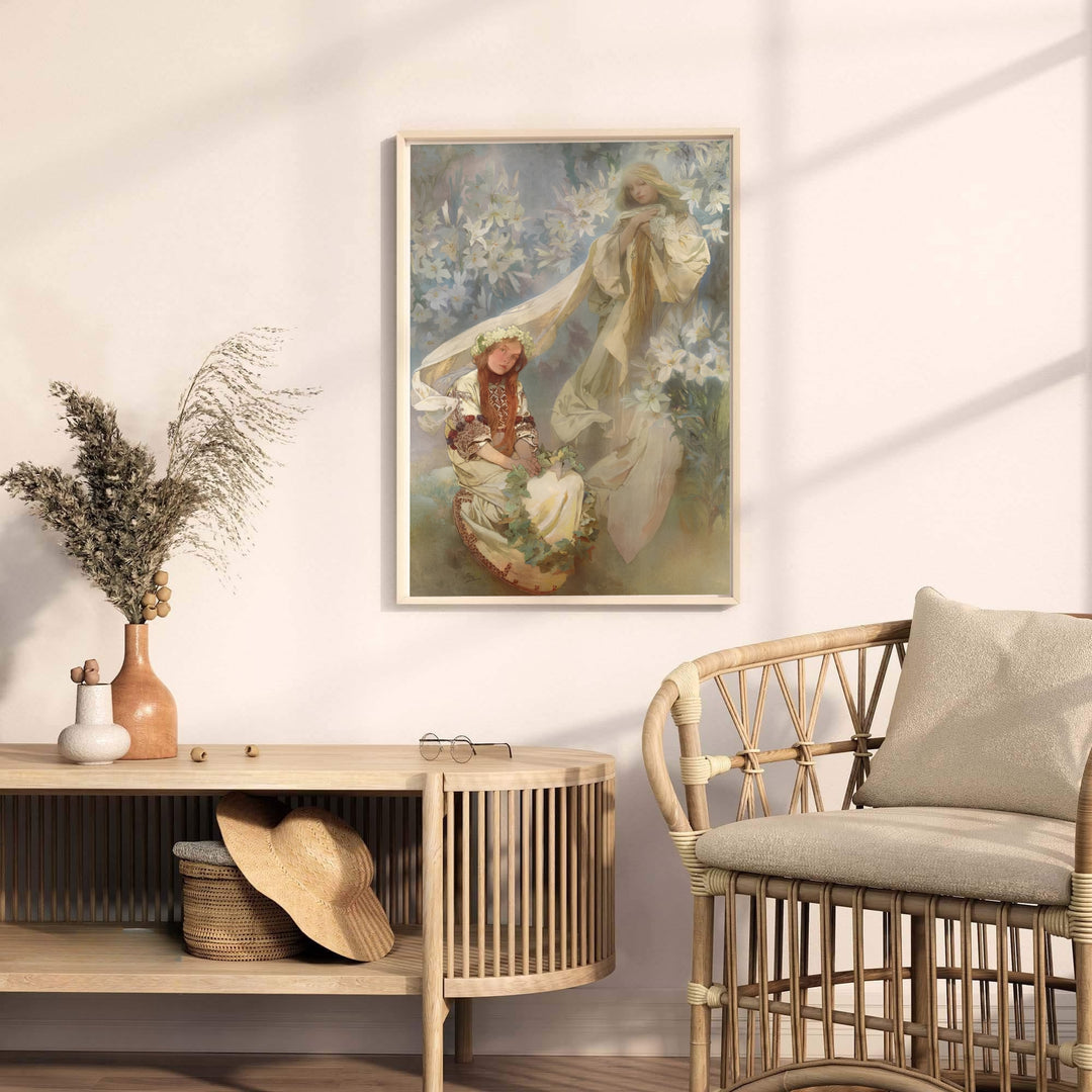Traditional Czech illustration print Madonna Of The Lilies by artist Alphonse Mucha displaying detailed lily flower garden patterns set in Prague Bohemia. MapYourDreams provides premium framed, unframed, and canvas prints.