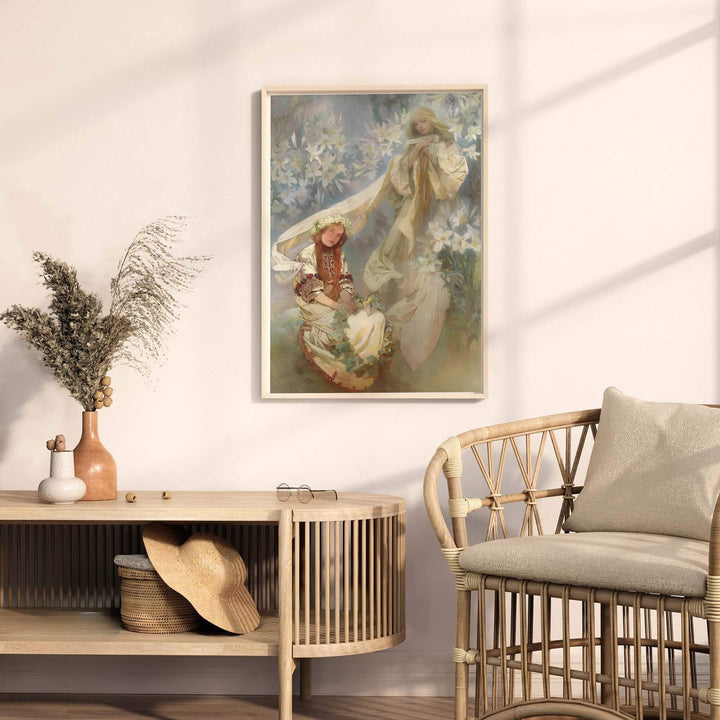 Traditional Czech illustration print Madonna Of The Lilies by artist Alphonse Mucha displaying detailed lily flower garden patterns set in Prague Bohemia. MapYourDreams provides premium framed, unframed, and canvas prints.