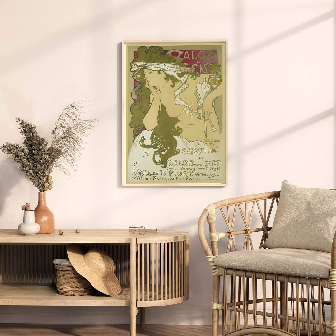 Parisian Art Nouveau poster print Salon Des Cent by artist Alphonse Mucha displaying fine art exhibit details at 31 Rue Bonaparte Paris. MapYourDreams provides premium framed, unframed, and canvas prints.