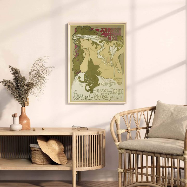Parisian Art Nouveau poster print Salon Des Cent by artist Alphonse Mucha displaying fine art exhibit details at 31 Rue Bonaparte Paris. MapYourDreams provides premium framed, unframed, and canvas prints.
