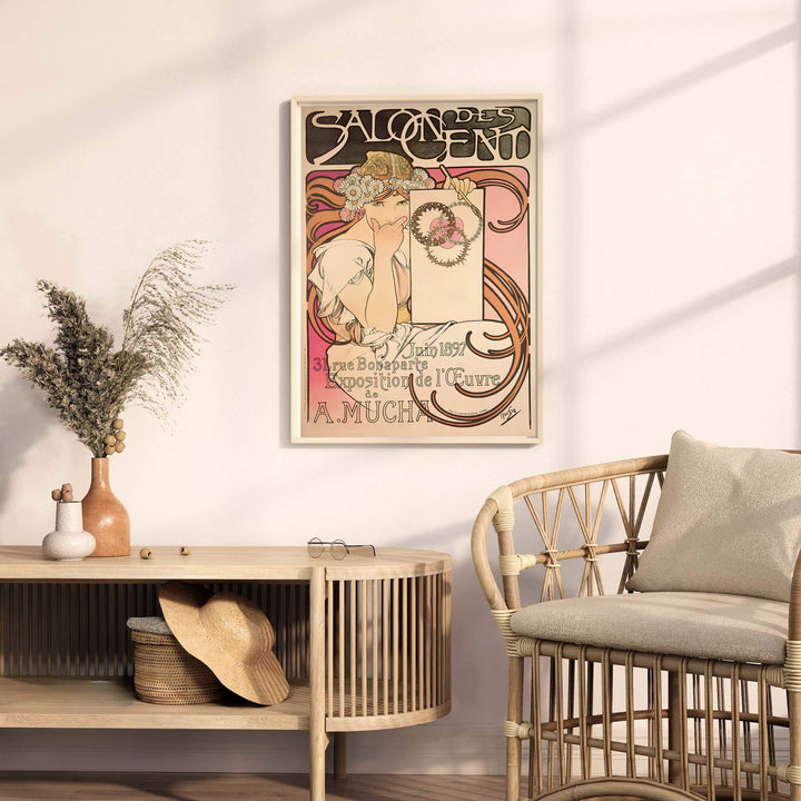 Parisian Art Nouveau poster print Salon Des Cent by artist Alphonse Mucha displaying fine art exhibit lettering at 31 Rue Bonaparte Paris. MapYourDreams provides premium framed, unframed, and canvas prints.