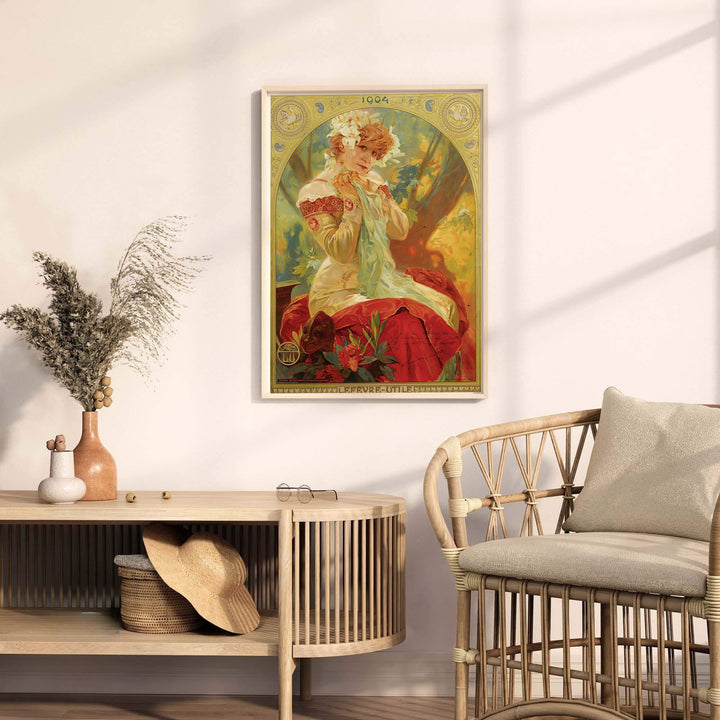 Parisian fine art wall decor poster of Sarah Bernhardt with gold arch details in Paris France by Alphonse Mucha, available as an unframed paper print, gallery canvas, or framed poster at MapYourDreams.