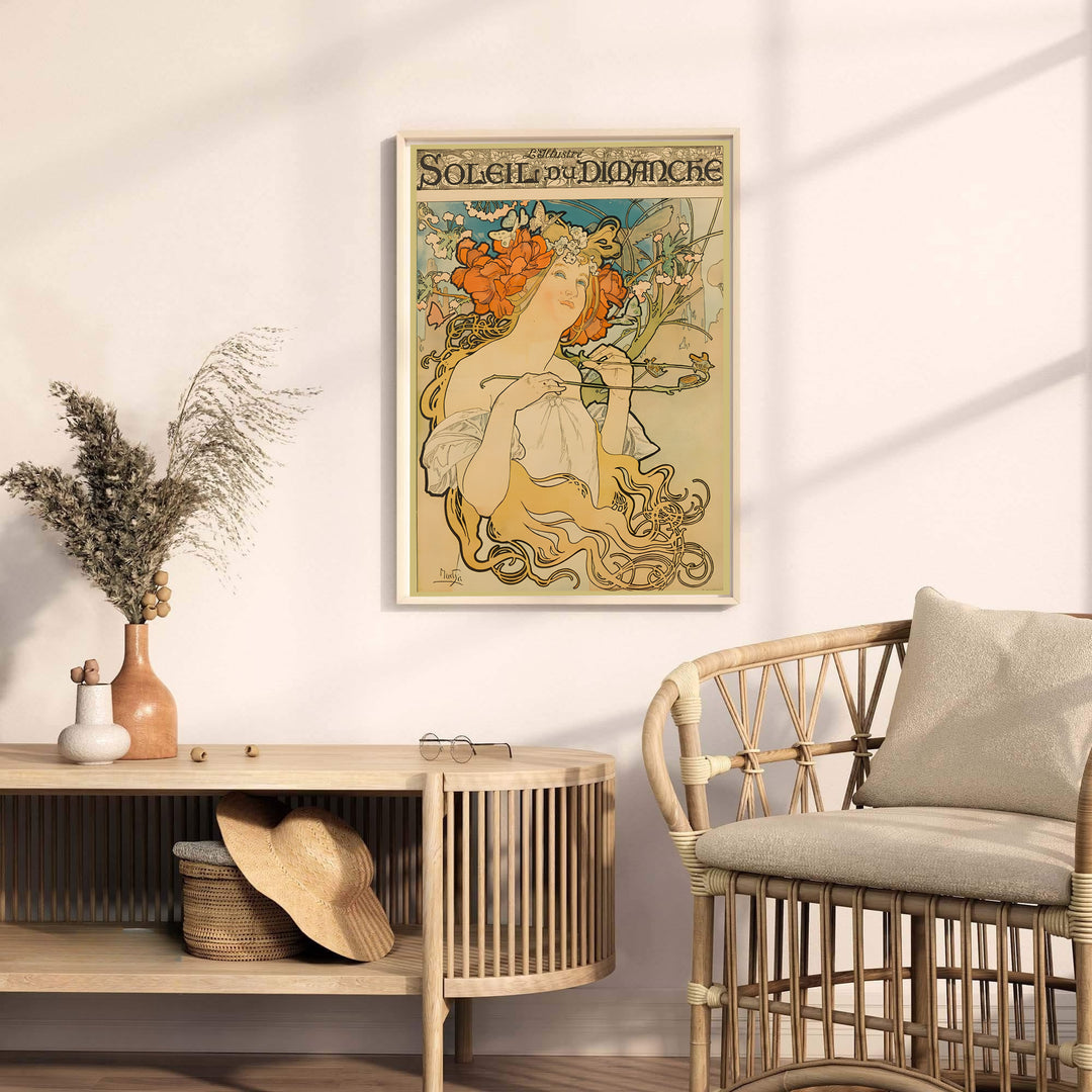French historic travel print Soleil Du Dimanche with delicate butterfly accents by artist Alphonse Mucha inspired by bohemian Paris. MapYourDreams offers versatile framed, unframed, and canvas print wall decor formats.