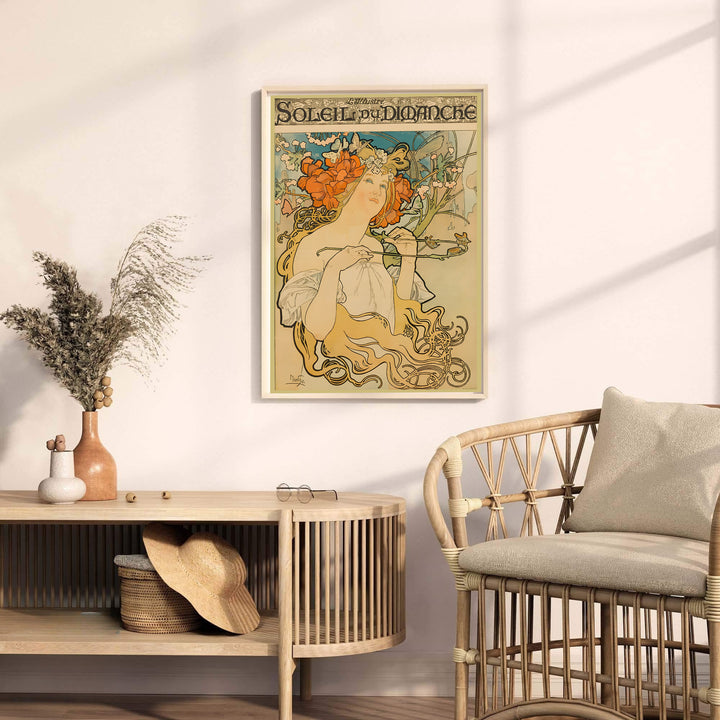French historic travel print Soleil Du Dimanche with delicate butterfly accents by artist Alphonse Mucha inspired by bohemian Paris. MapYourDreams offers versatile framed, unframed, and canvas print wall decor formats.