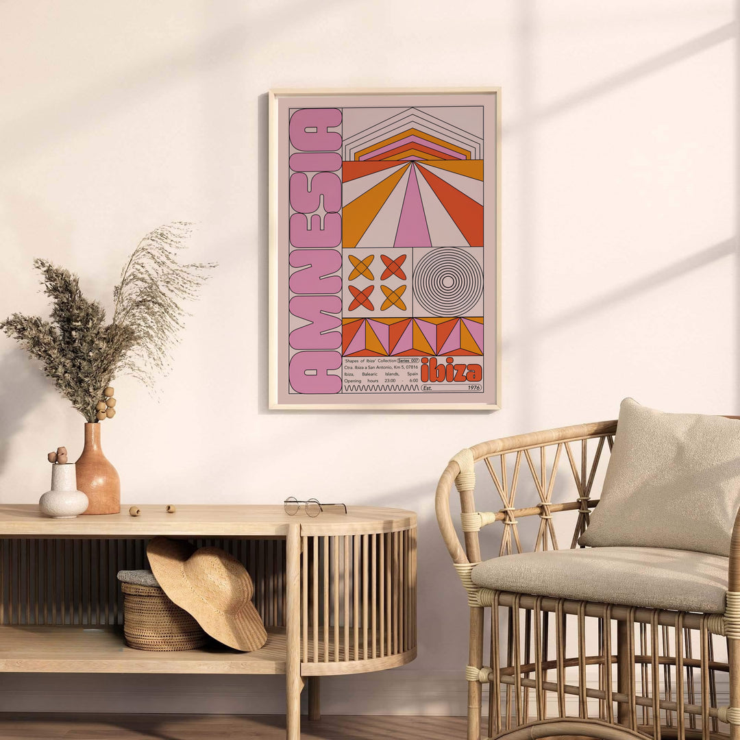 Fine art geometric print detailing radiating lines, soundwave rings, and vintage venue location details for Amnesia Ibiza, available from MapYourDreams with choices including unframed paper prints, stretched gallery canvas, or a tailored custom framed wall display for creative spaces.
