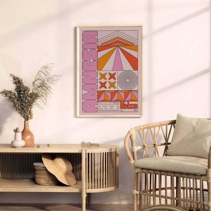 Fine art geometric print detailing radiating lines, soundwave rings, and vintage venue location details for Amnesia Ibiza, available from MapYourDreams with choices including unframed paper prints, stretched gallery canvas, or a tailored custom framed wall display for creative spaces.