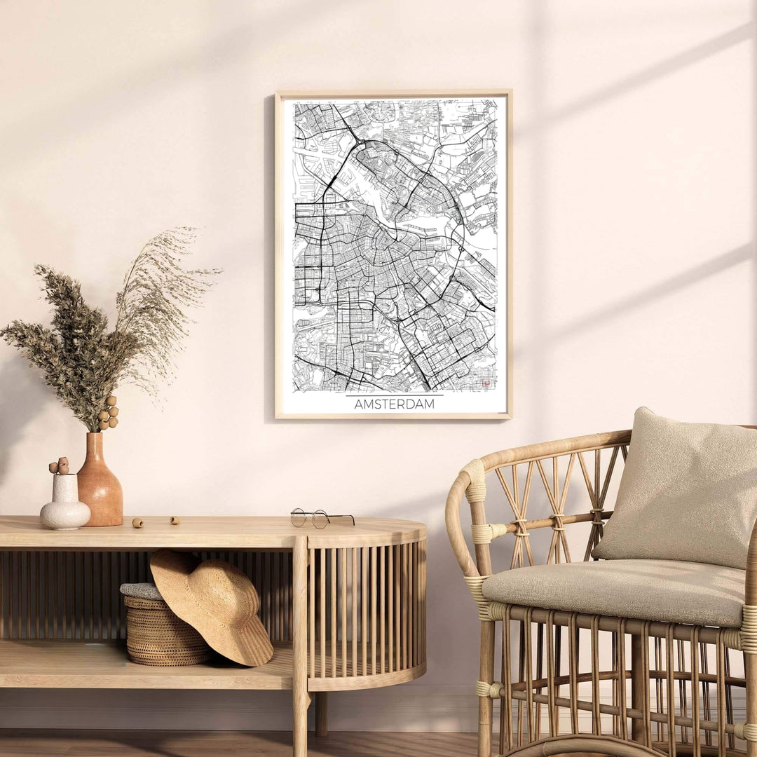 Detailed Dutch city map wall art depicting the road networks and canal rings of Amsterdam, available from MapYourDreams where you can opt for unframed paper prints, stretched gallery canvas, or a tailored custom framed wall display for executive living rooms.