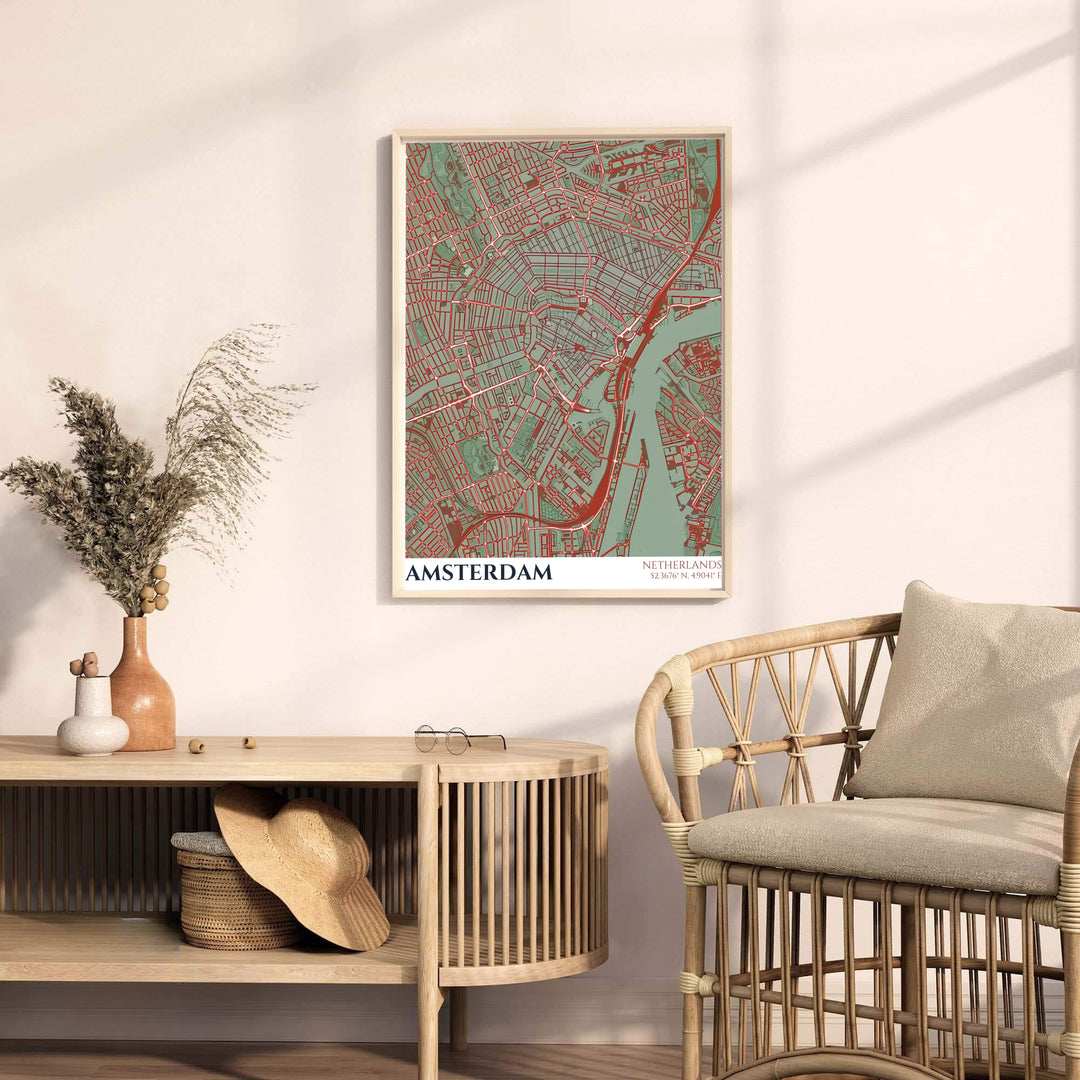 Detailed Dutch city map wall art depicting the road networks and canal rings of Amsterdam in sage green and terracotta red, available from MapYourDreams where you can opt for unframed paper prints, stretched gallery canvas, or a tailored custom framed wall display for executive living rooms.