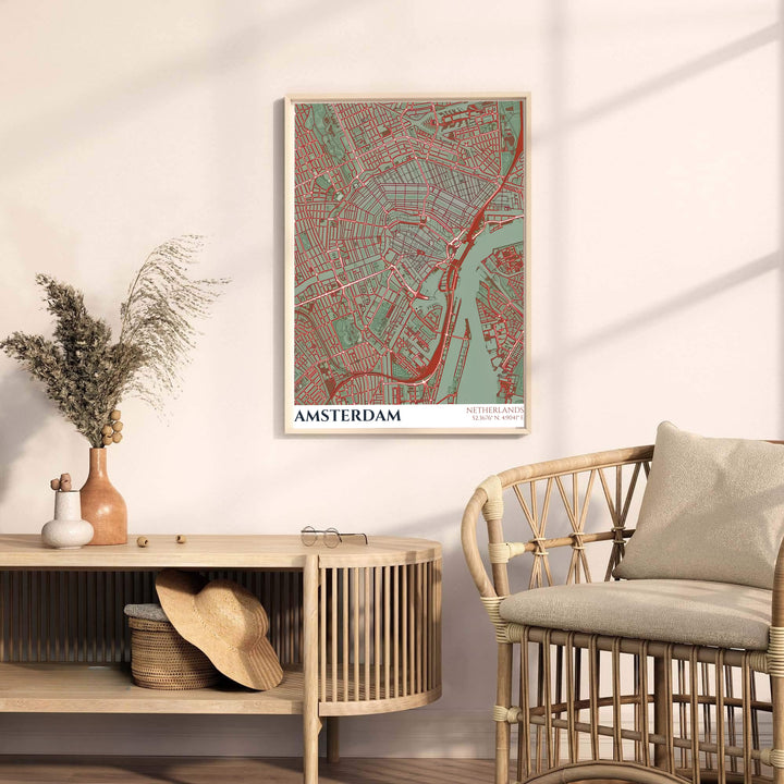 Detailed Dutch city map wall art depicting the road networks and canal rings of Amsterdam in sage green and terracotta red, available from MapYourDreams where you can opt for unframed paper prints, stretched gallery canvas, or a tailored custom framed wall display for executive living rooms.