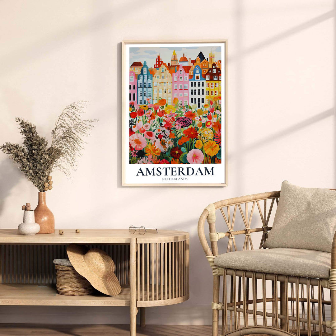 Detailed Dutch city and garden wall art depicting canal house gables and overflowing flower beds of Amsterdam, available from MapYourDreams where you can opt for unframed paper prints, stretched gallery canvas, or a tailored custom framed wall display for charming guest bedrooms.