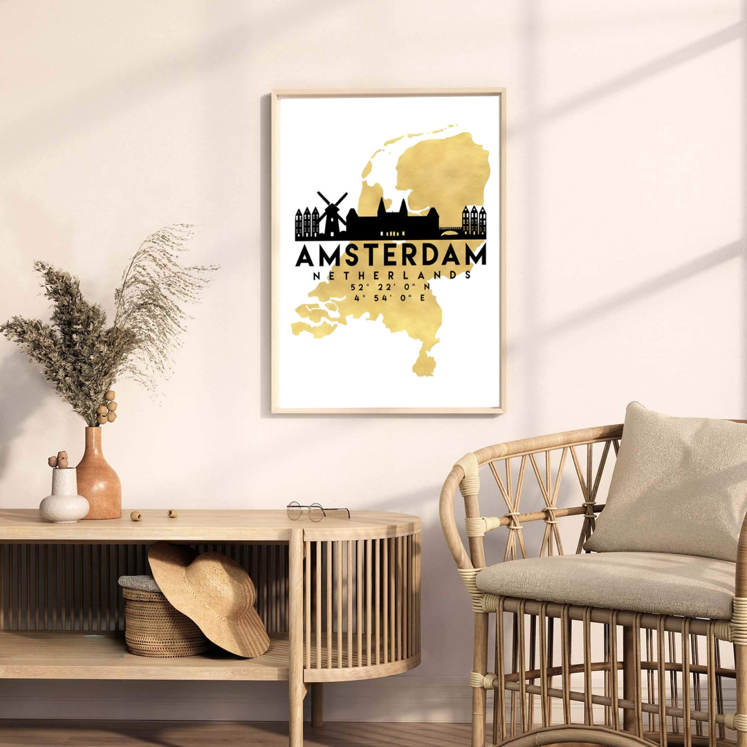 Detailed Dutch map wall art depicting a metallic gold country layout and black silhouettes of windmills, bridges, and canal houses, available from MapYourDreams where you can opt for unframed paper prints, stretched gallery canvas, or a tailored custom framed wall display for offices.