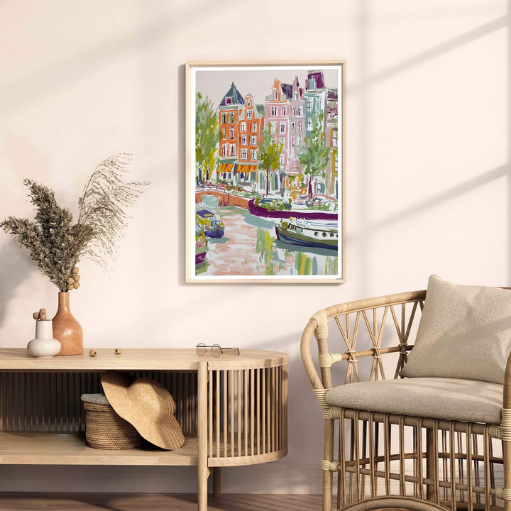 Detailed Dutch cityscape wall art depicting canal house gables, bridges, and houseboats in Amsterdam, available from MapYourDreams where you can opt for unframed paper prints, stretched gallery canvas, or a tailored custom framed wall display for executive living spaces.