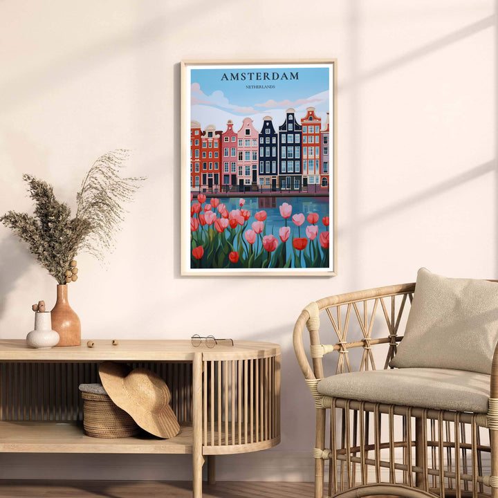 Detailed vector cityscape wall art depicting canal house gables, reflections, and spring tulips in Amsterdam, available from MapYourDreams where you can opt for unframed paper prints, stretched gallery canvas, or a tailored custom framed wall display for executive office spaces.